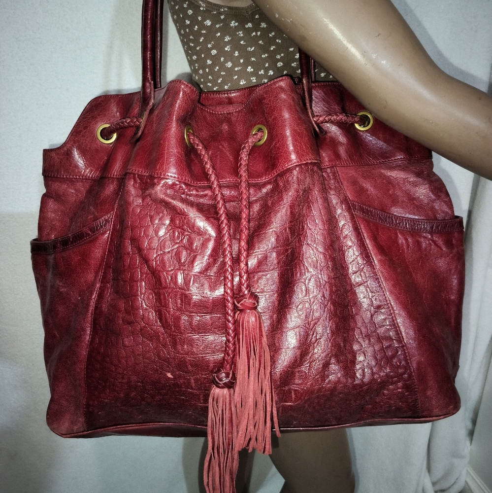 Charles David Red Alligator Embossed Leather Hobo Bag Purse. Large